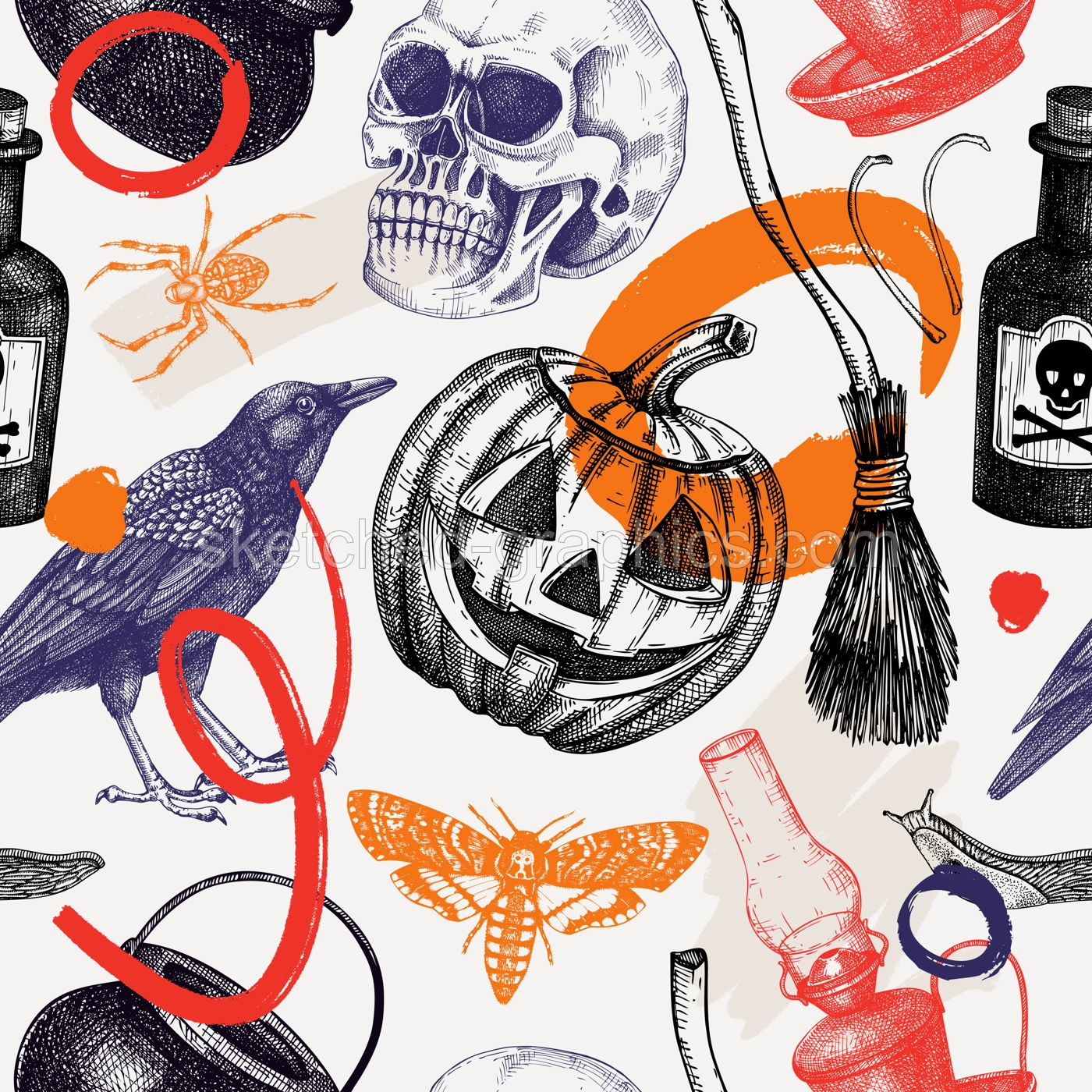 Collage style Halloween seamless pattern. Hand drawn vector illustration. Skulls, bones, pumpkin, poisonous mushrooms, snakes, raven sketches. Trendy autumn background. Abstract shapes, texture Illustration